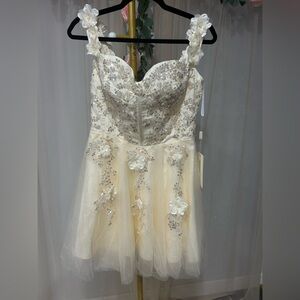 Elegant Cream Floral Embellished Mini Dress